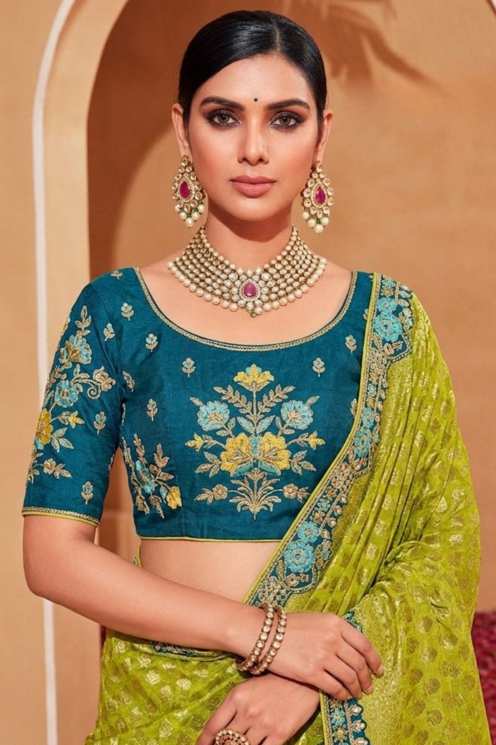 Olive Teal Silk Half N Half Saree Elegant Designer Party Wear