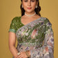 Grey Floral Organza Brasso Saree with Olive Green Silk Blouse Elegant