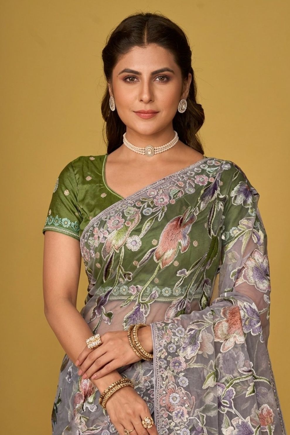 Grey Floral Organza Brasso Saree with Olive Green Silk Blouse Elegant
