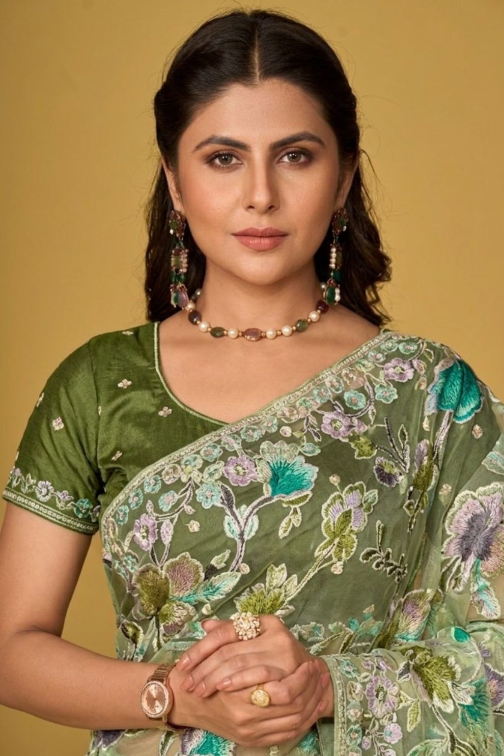 Light Green Floral Organza Brasso Saree Elegant Festive Party Wear Look