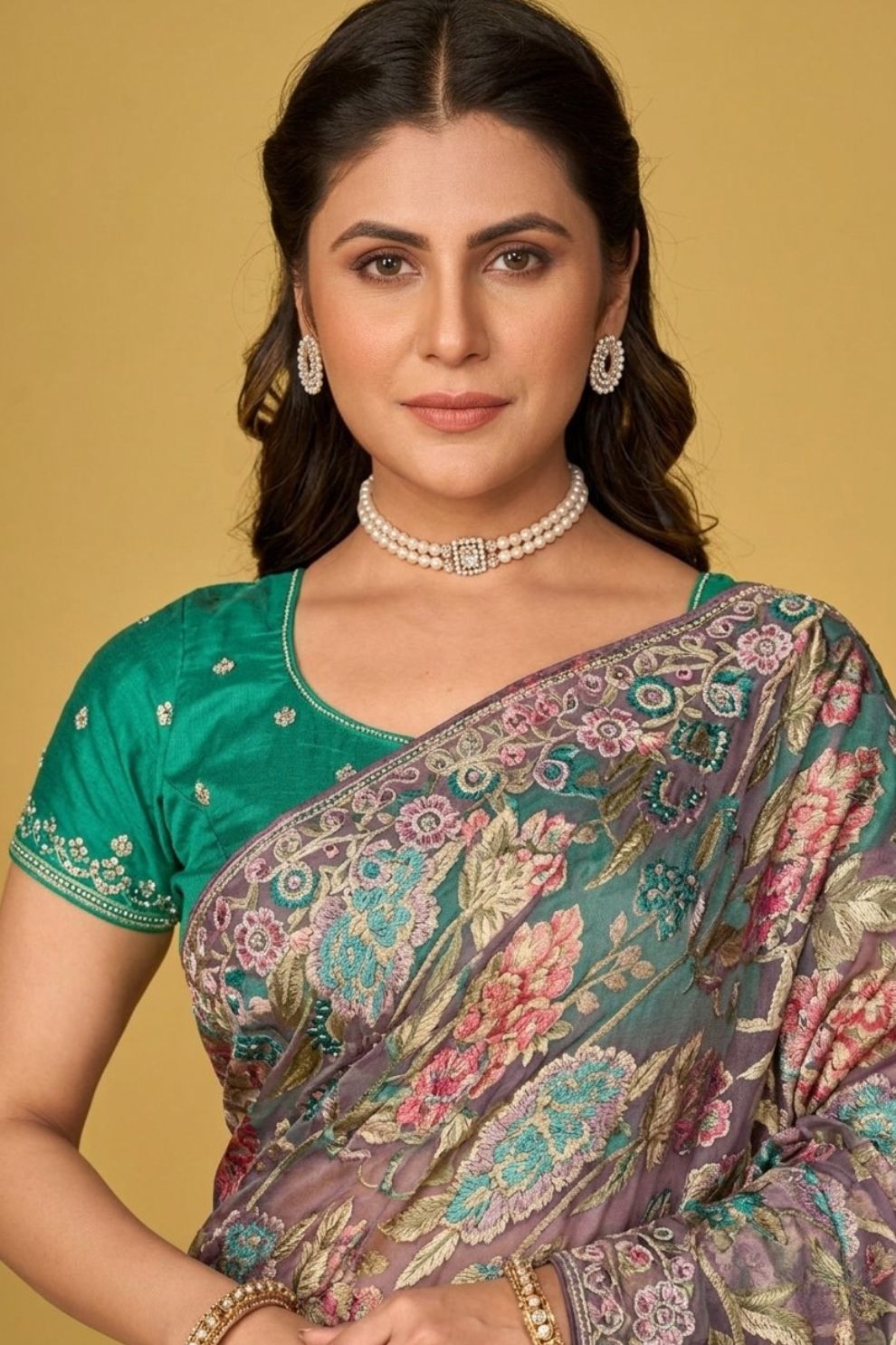Light Green Floral Organza Brasso Saree with Olive Green Embroidered Blouse