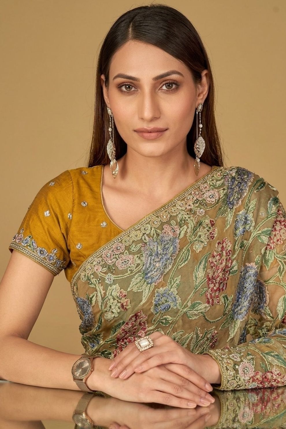Mustard Olive Floral Organza Brasso Saree Elegant Festive Party Wear