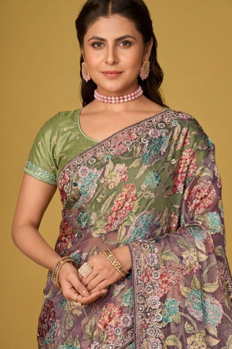 Grey Silk Organza Brasso Printed Saree Elegant Festive Party Wear Look