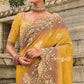 Mustard Yellow Coffee Brown Designer Silk Saree Elegant Party Wear