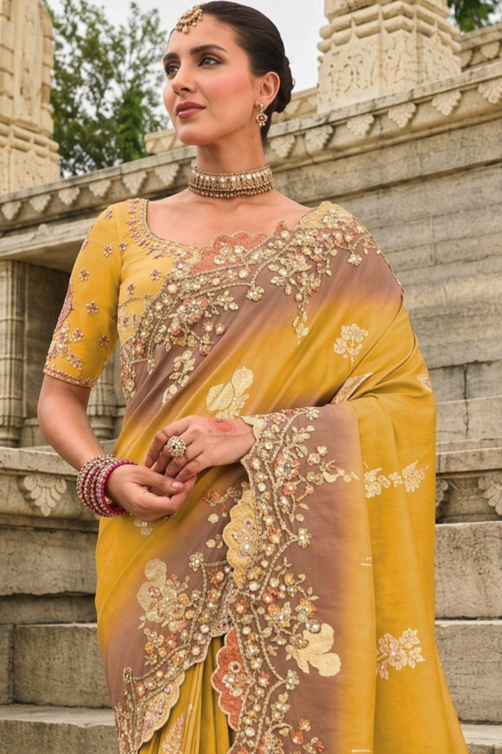 Mustard Yellow Coffee Brown Designer Silk Saree Elegant Party Wear