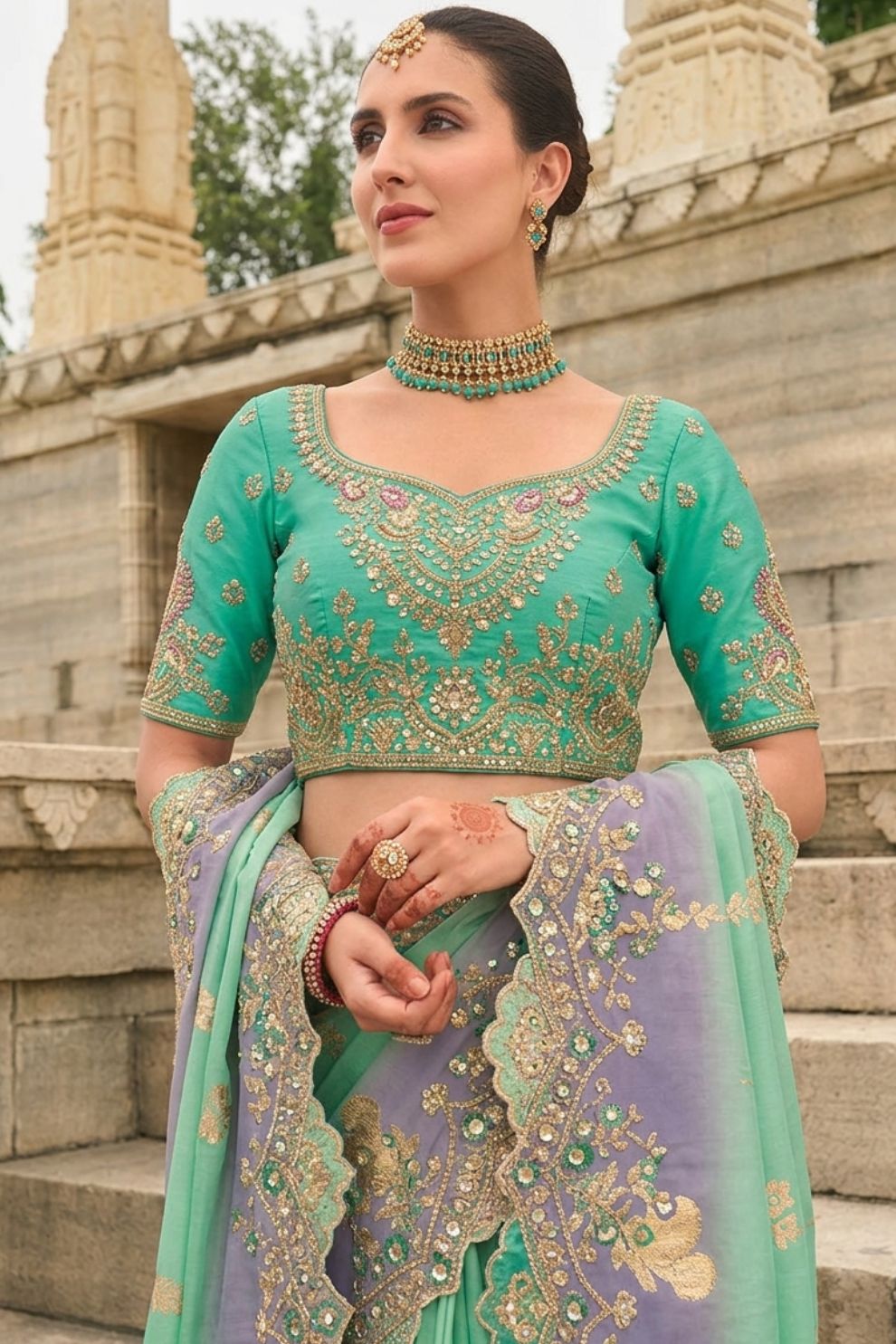 Sea Green Lavender Designer Dola Silk Saree Elegant Party Wear Look