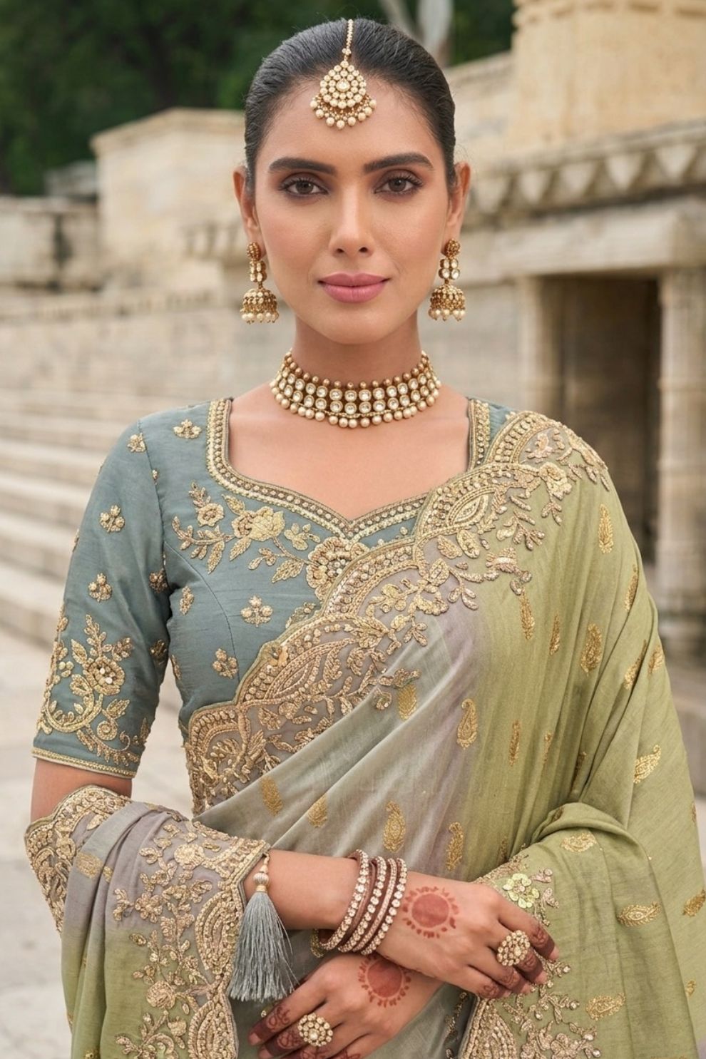 Grey Green Viscose Silk Saree with Cut Work Elegant Party Wear Look