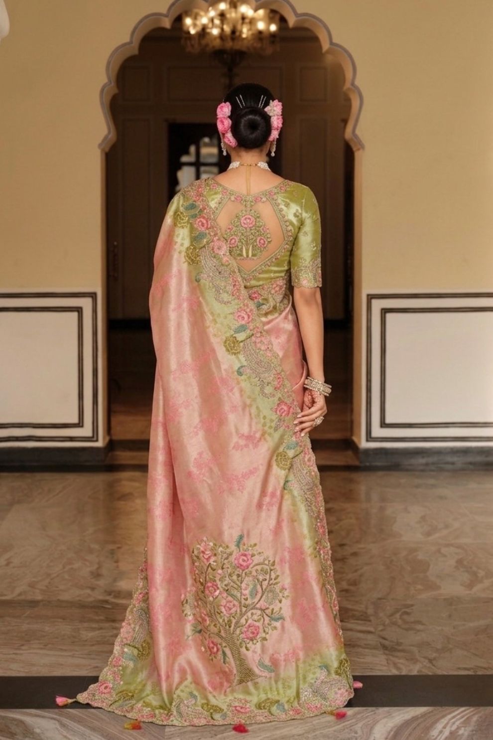 Pastel Pink Olive Green Pure Viscose Jacquard Saree Elegant Festive Wear