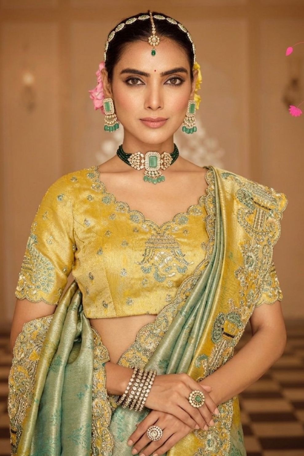Sage Green Mustard Yellow Silk Blend Saree with Tassel Pallu Elegant