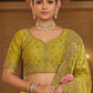 Mustard Yellow Pastel Green Tissue Satin Saree with Embroidery Handwork