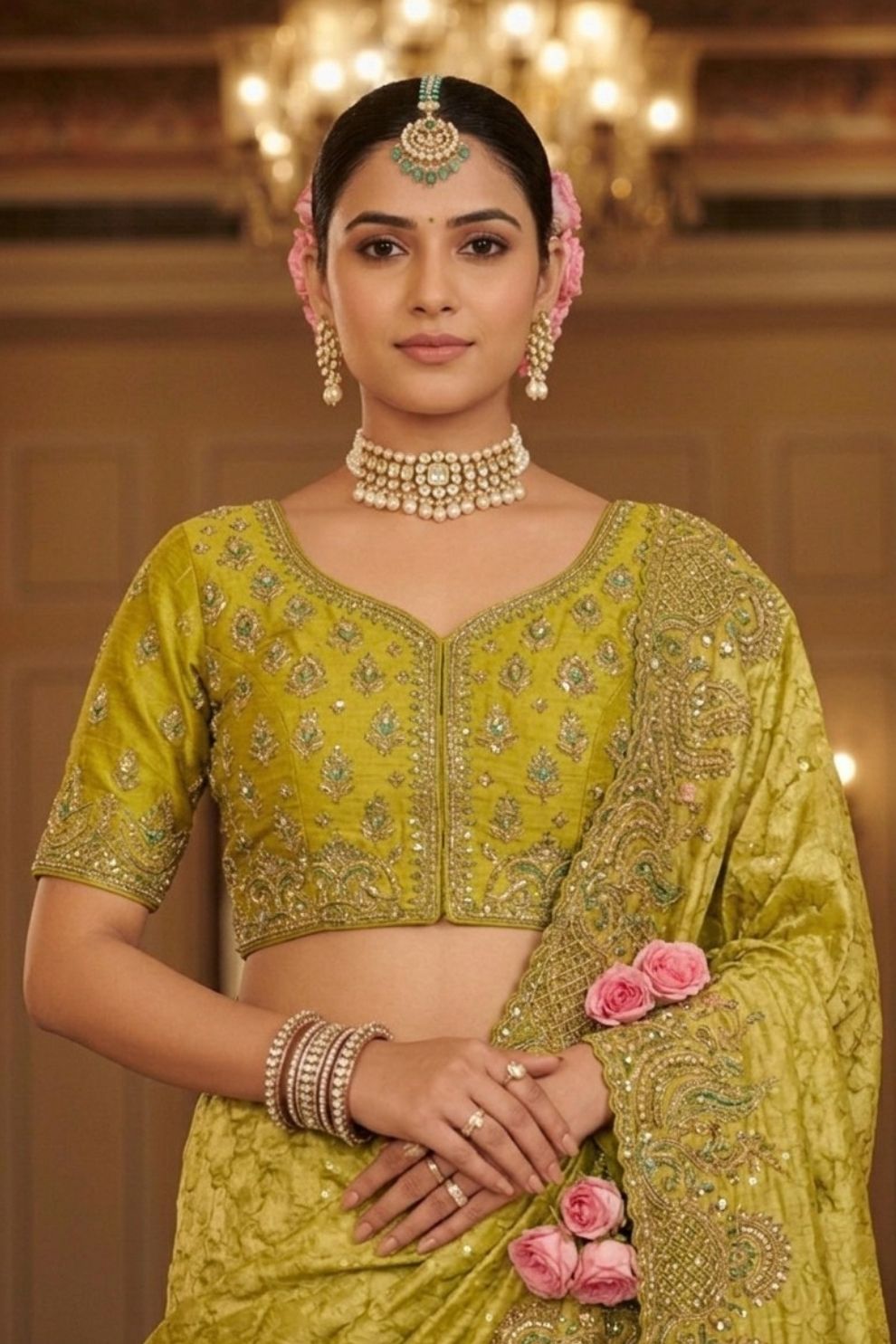 Mustard Yellow Pastel Green Tissue Satin Saree with Embroidery Handwork