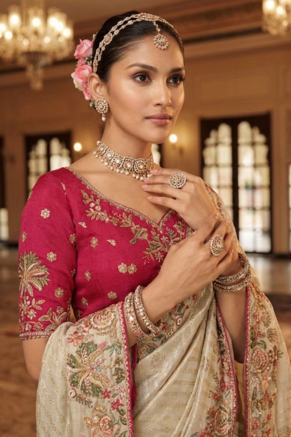Cream Tissue Satin Saree with Rani Pink Embroidered Silk Blouse