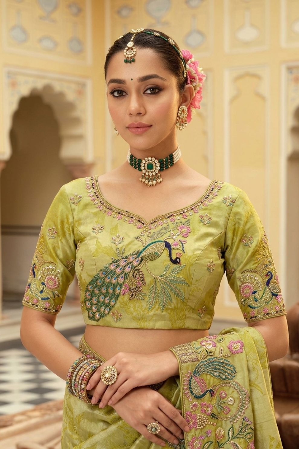 Pistachio Green Soft Silk Saree with Peacock Motif Handwork Elegant