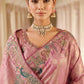 Dusty Rose Pink Silk Blend Designer Saree with Peacock Motif Embroidery