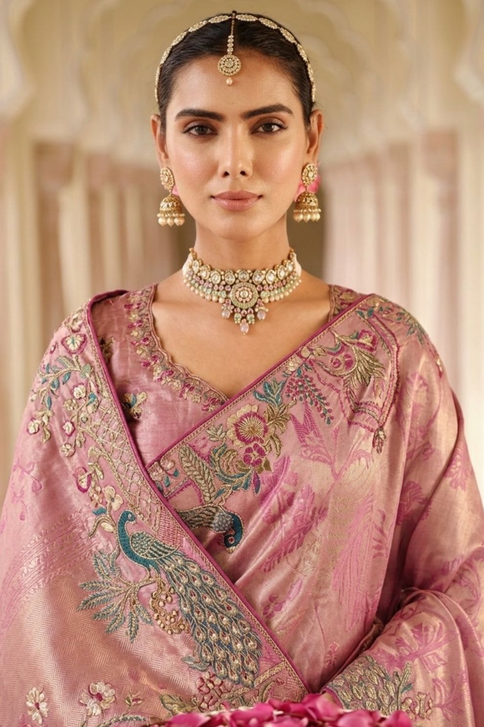 Dusty Rose Pink Silk Blend Designer Saree with Peacock Motif Embroidery