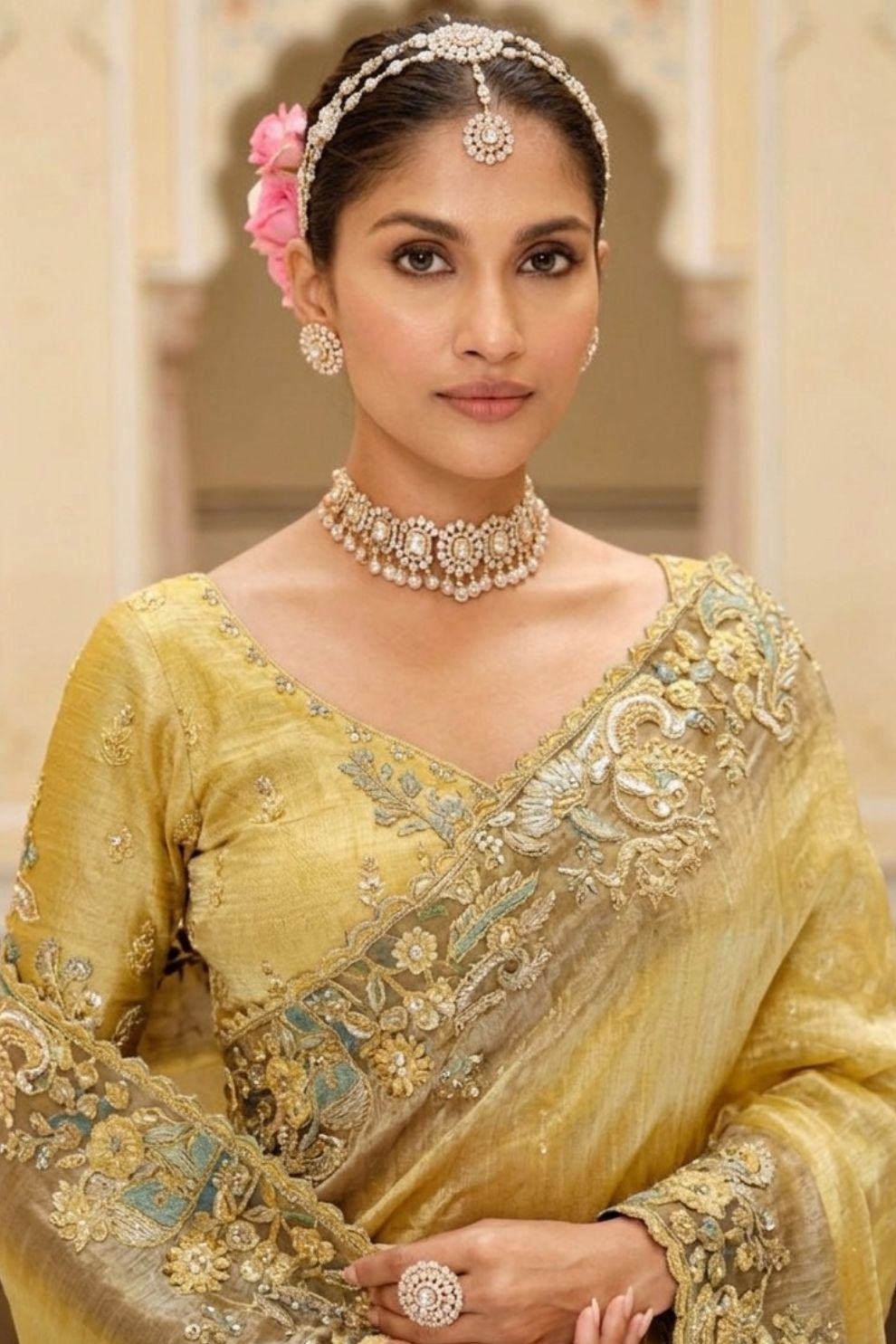 Golden Yellow Tissue Silk Saree with Intricate Embroidered Border