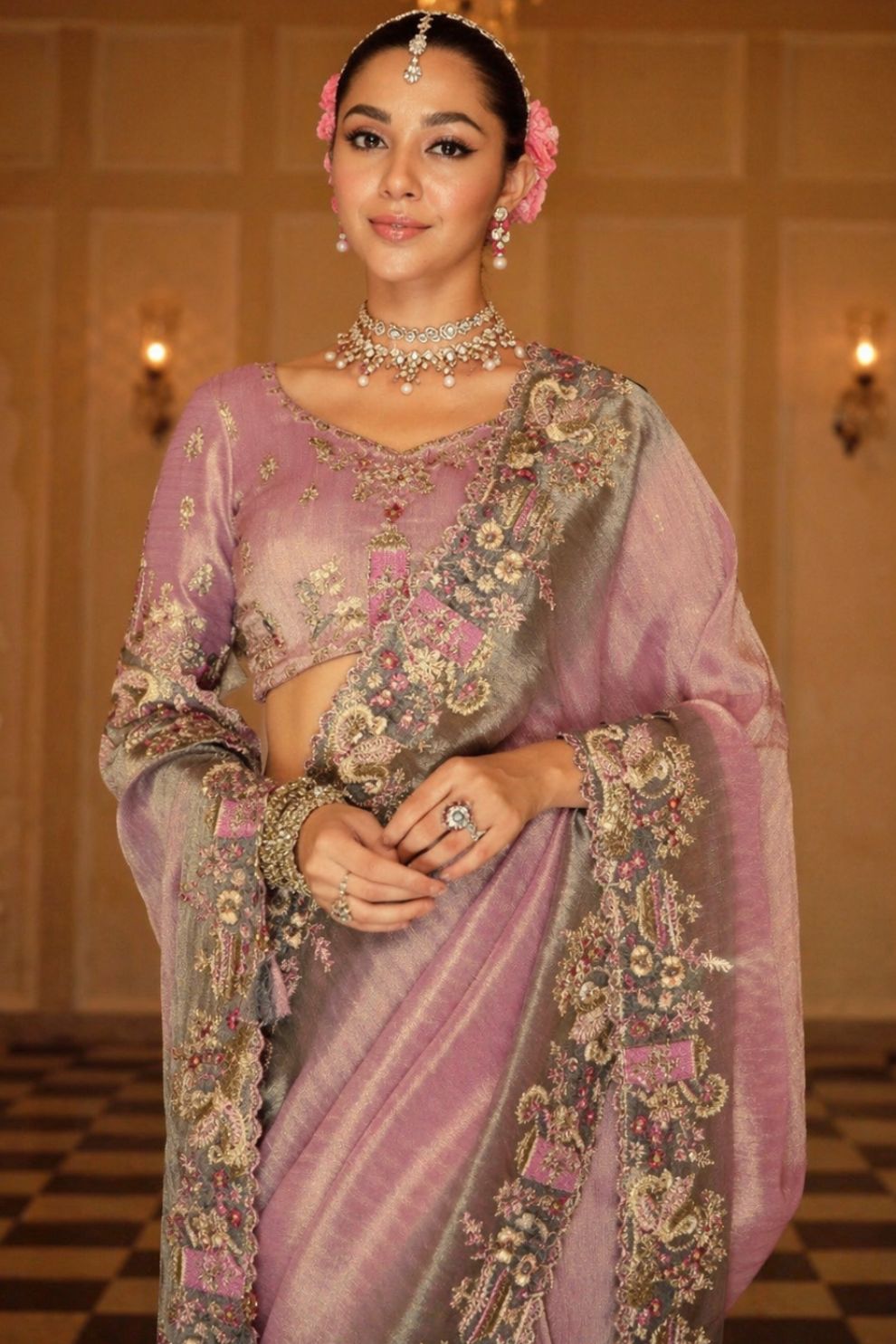 Dusty Rose Pink Sage Green Shaded Silk Saree Elegant Festive Party Wear