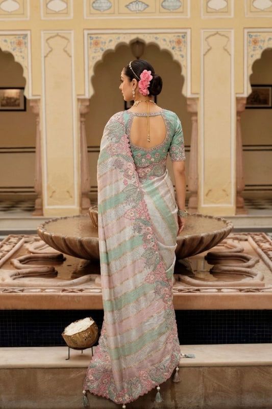 Multicolor Embroidered Jacquard Viscose Silk Saree Elegant Festive Wear