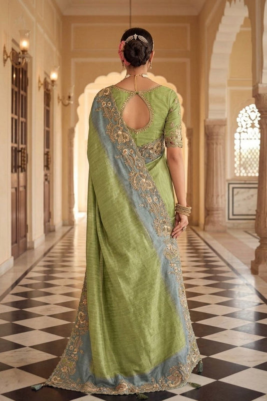 Light Green Soft Silk Saree Elegant Festive Wedding Party Wear Look