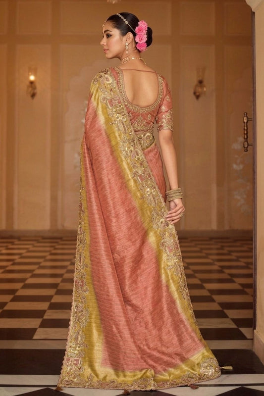 Peach Gold Designer Soft Silk Saree Elegant Festive Wedding Party Wear