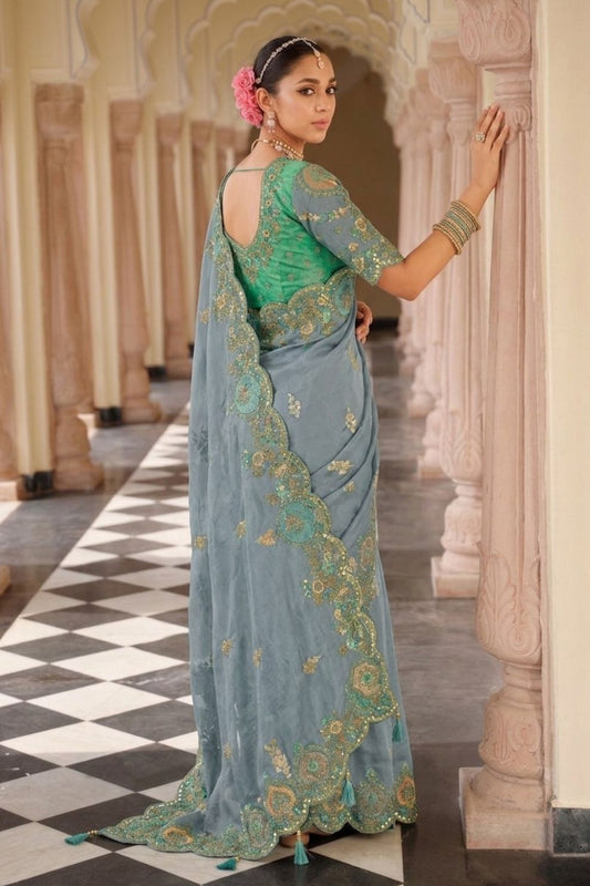 Grey Blue Designer Soft Silk Saree Elegant Festive Wedding Party Wear
