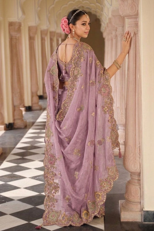 Lavender Mauve Designer Soft Silk Saree Elegant Festive Party Wear Look