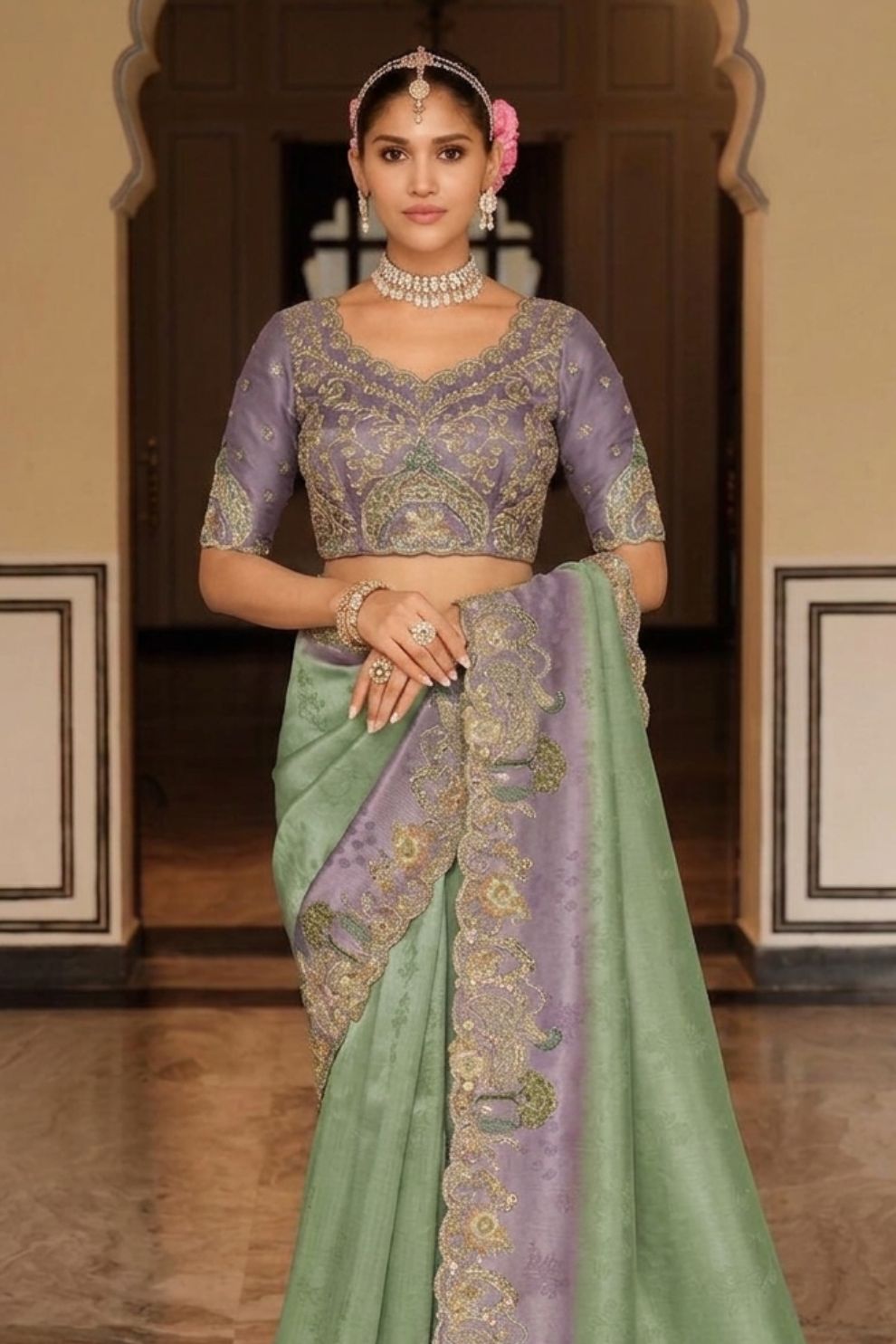 Sage Green Mauve Designer Soft Silk Saree Elegant Festive Party Wear