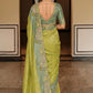 Olive Green Dusty Blue Designer Soft Silk Saree Elegant Festive Wear