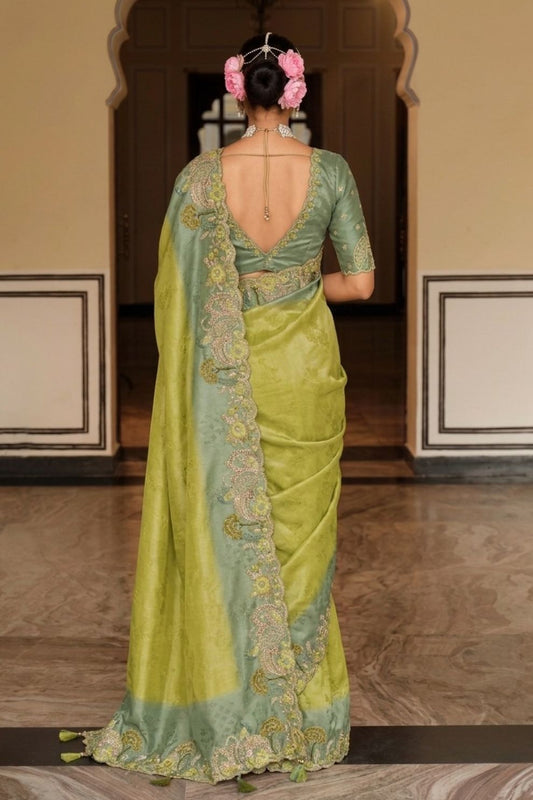Olive Green Dusty Blue Designer Soft Silk Saree Elegant Festive Wear