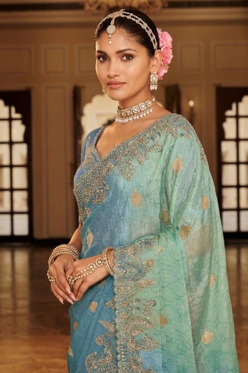 Dusty Blue Designer Soft Silk Saree Elegant Festive Party Wear Look