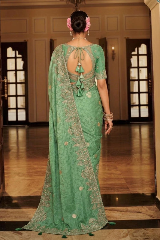 Mint Green Designer Soft Silk Saree Elegant Festive Party Wear Look