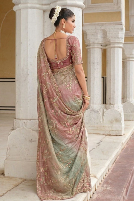 Multicolor Designer Embroidered Silk Saree Elegant Festive Party Wear