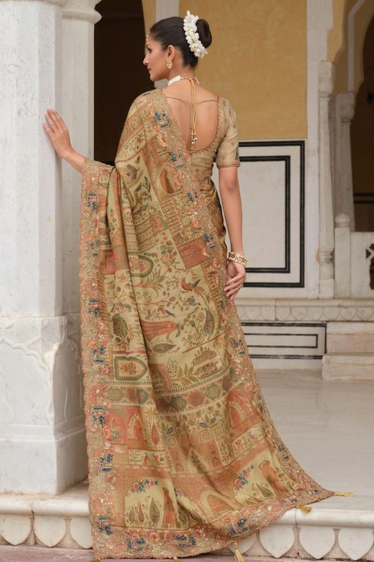 Beige Heritage Motif Designer Saree Elegant Festive Wedding Party Wear