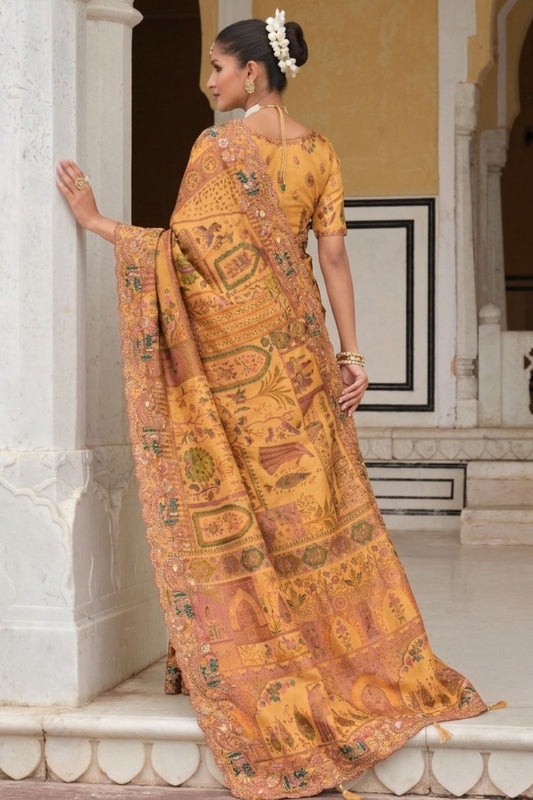 Mustard Yellow Heritage Motif Silk Saree Elegant Festive Wedding Wear