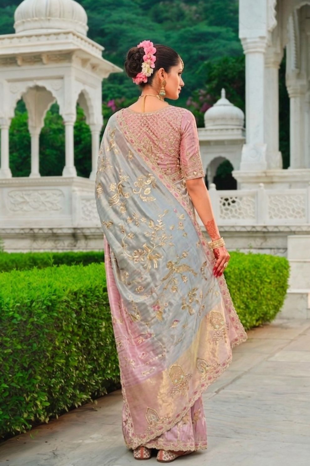 Lavender Grey Shaded Silk Saree with Khatli Resham Embroidery Elegant