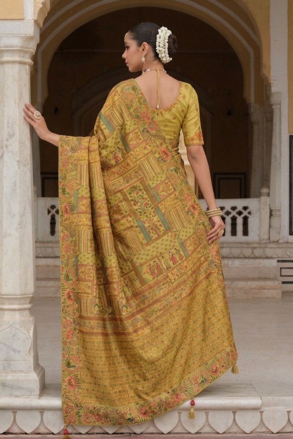 Mustard Yellow Heritage Motif Silk Saree Elegant Festive Wedding Wear