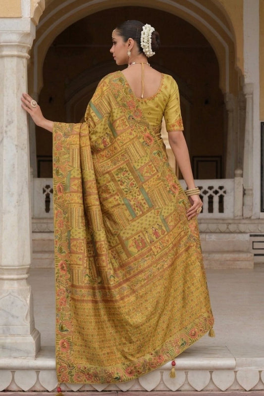 Mustard Yellow Heritage Motif Silk Saree Elegant Festive Wedding Wear