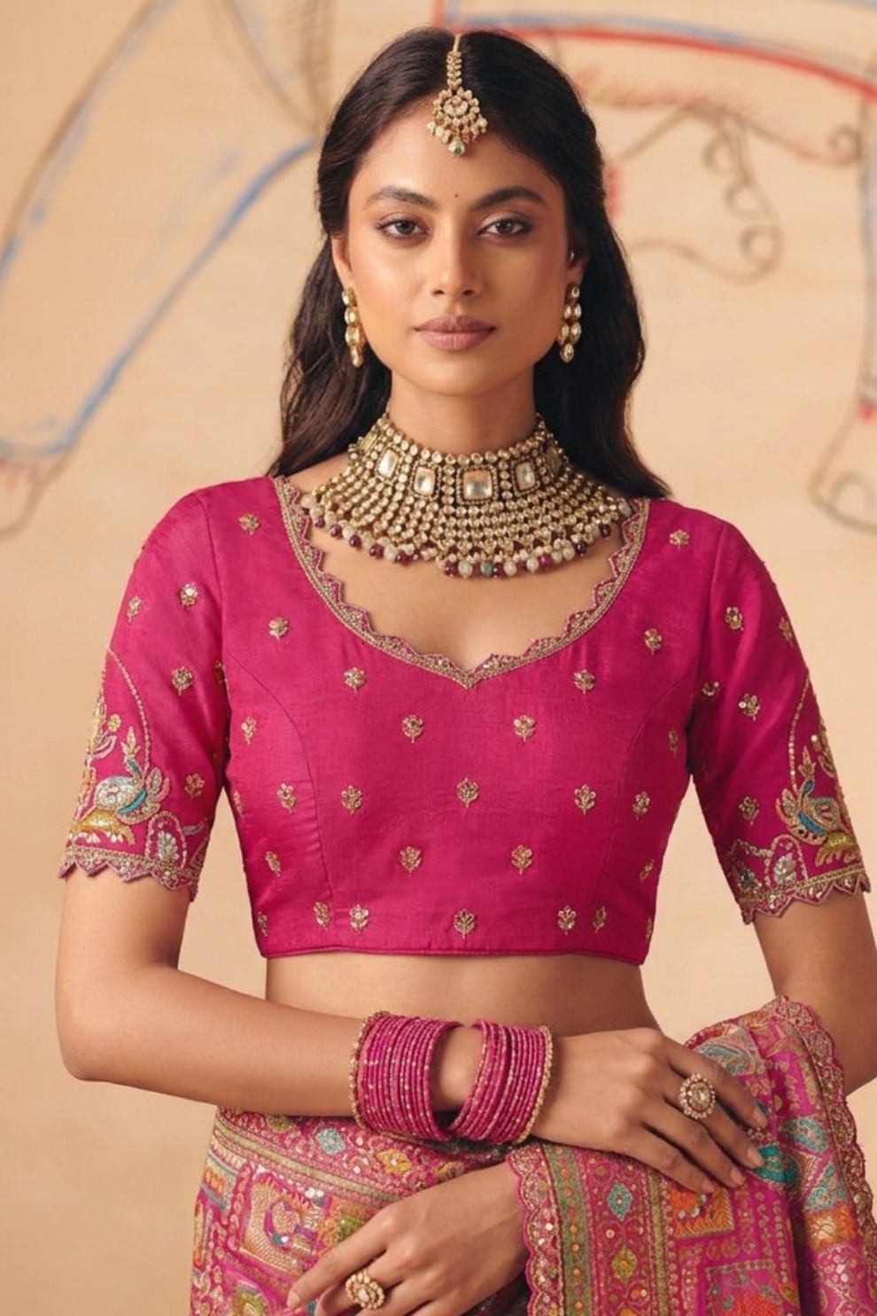 Rani Pink Dola Silk Saree with Zari Embroidery Madhubani Motifs Elegant