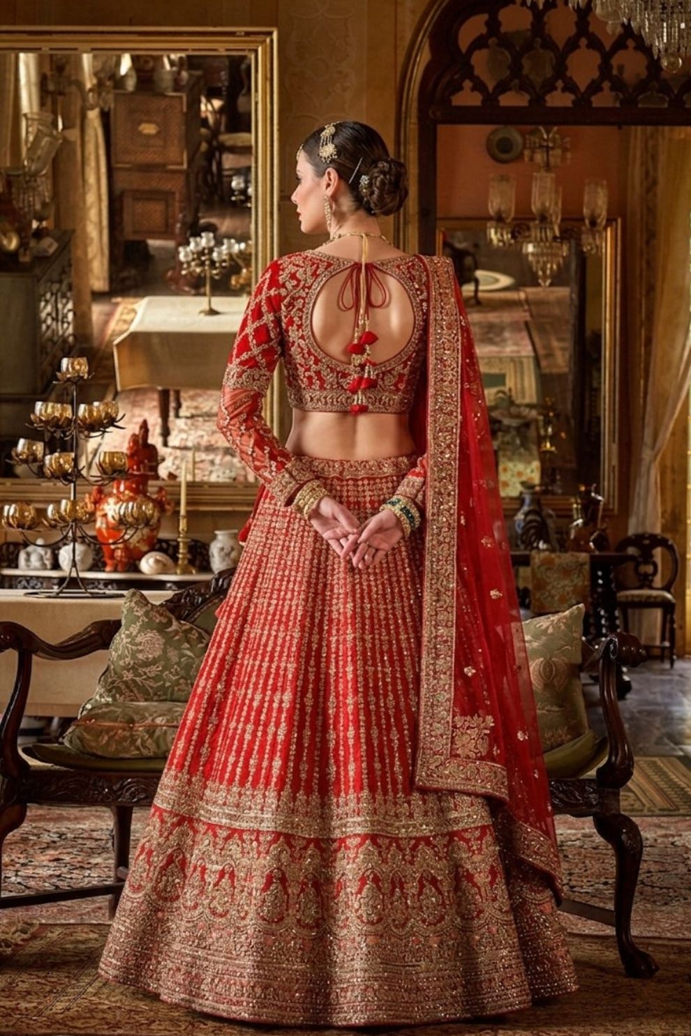 Crimson Red Silk Bridal Lehenga Vertical Zari Striper Work Elegant