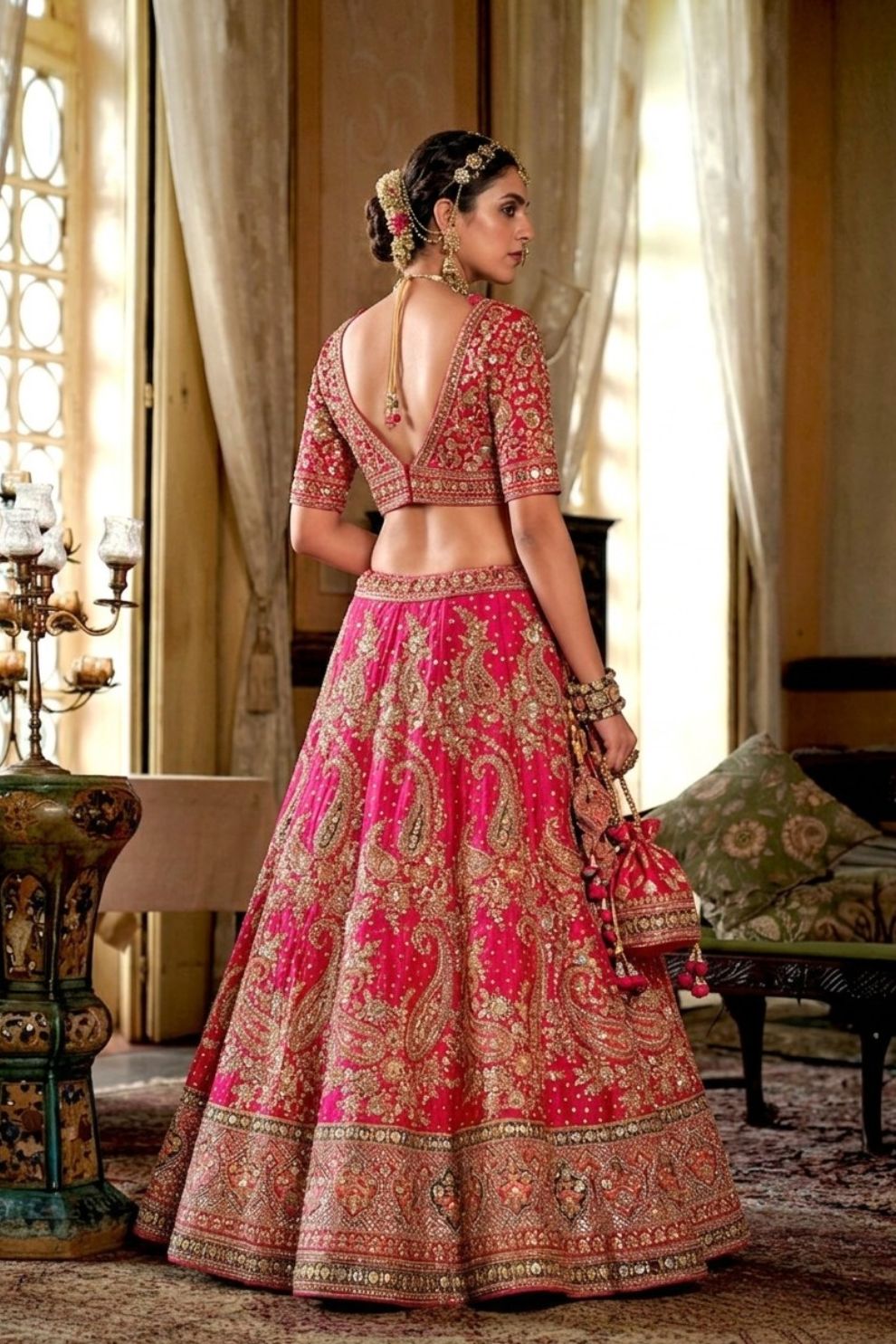 Rosewood Pink Silk Bridal Lehenga Golden Paisley Zardozi Embroidery