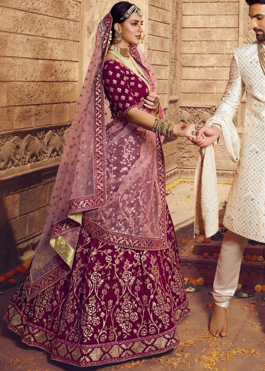 Wine Pink Georgette Bridal Lehenga Choli with Resham and Jari Embroidery (Pre-Order)
