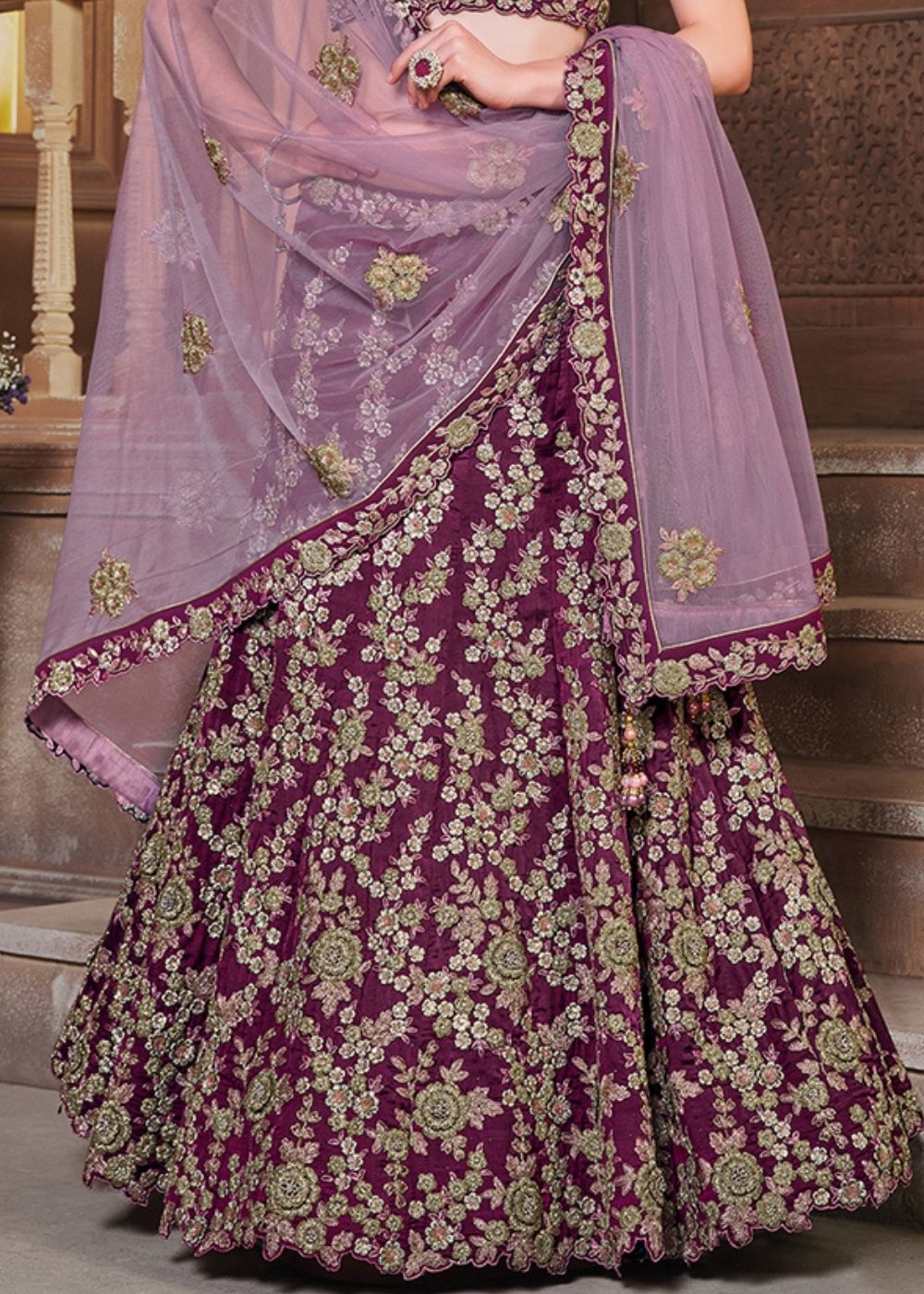 Wine Purple Silk Lehenga Choli with Sequins & Resham Embroidery