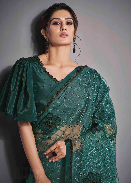 Teal Green Designer Lycra Saree with Sequins Embroidery & Applique work