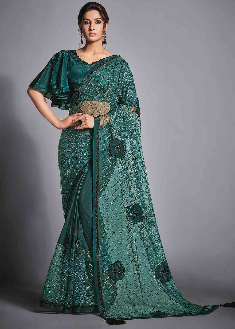 Teal Green Designer Lycra Saree with Sequins Embroidery & Applique work
