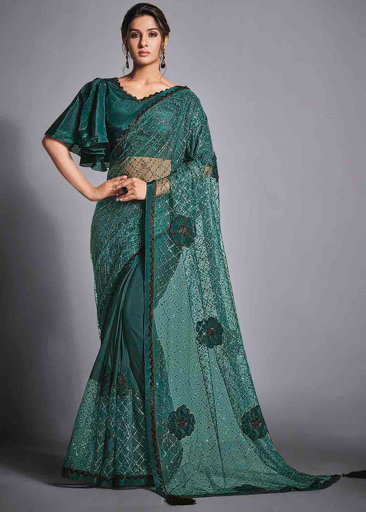 Teal Green Designer Lycra Saree with Sequins Embroidery & Applique work