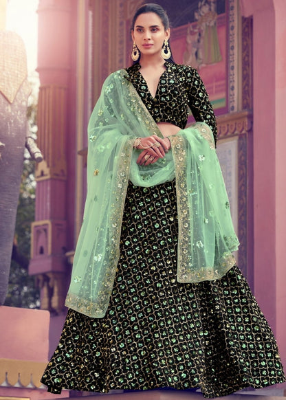 Black & Green Designer Lehenga Choli with Sequins work