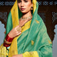 Verdigris Blue Woven Banarasi Silk Saree with Embroidered Blouse