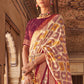 White & Purple Printed Patola Dola Silk Saree with Zari Border