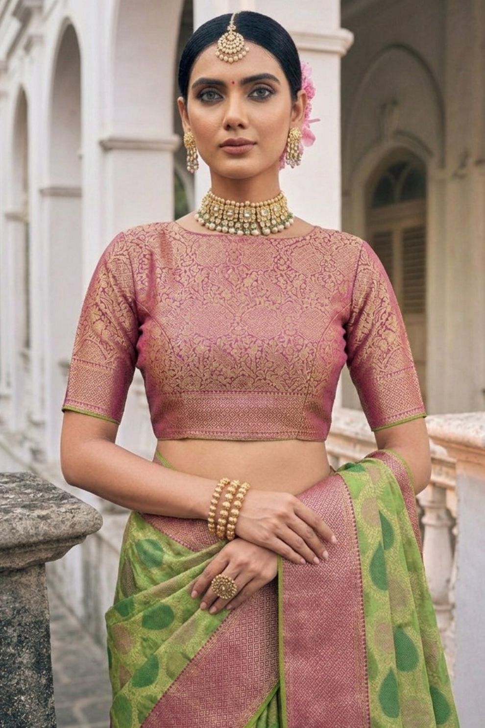 Bright Green Organza Woven Saree with Blouse Piece Elegant