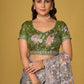 Grey Floral Organza Brasso Saree with Olive Green Silk Blouse Elegant